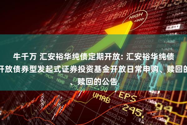 牛千万 汇安裕华纯债定期开放: 汇安裕华纯债定期开放债券型发起式证券投资基金开放日常申购、赎回的公告